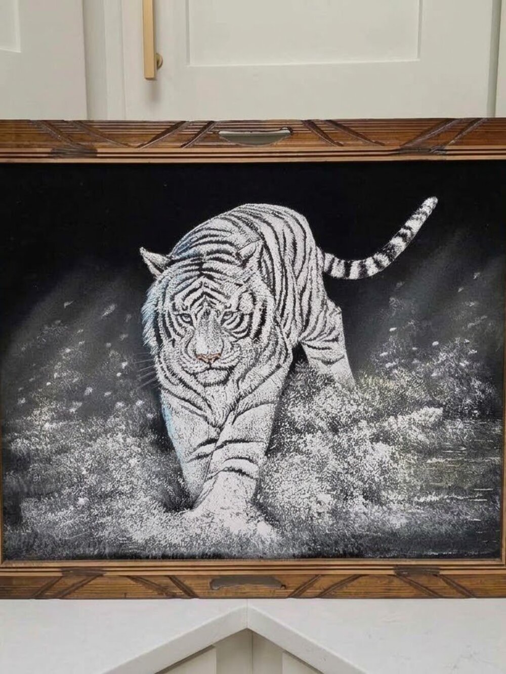 Vintage 1970s Black Velvet White Tiger Painting Mexican Carved Frame